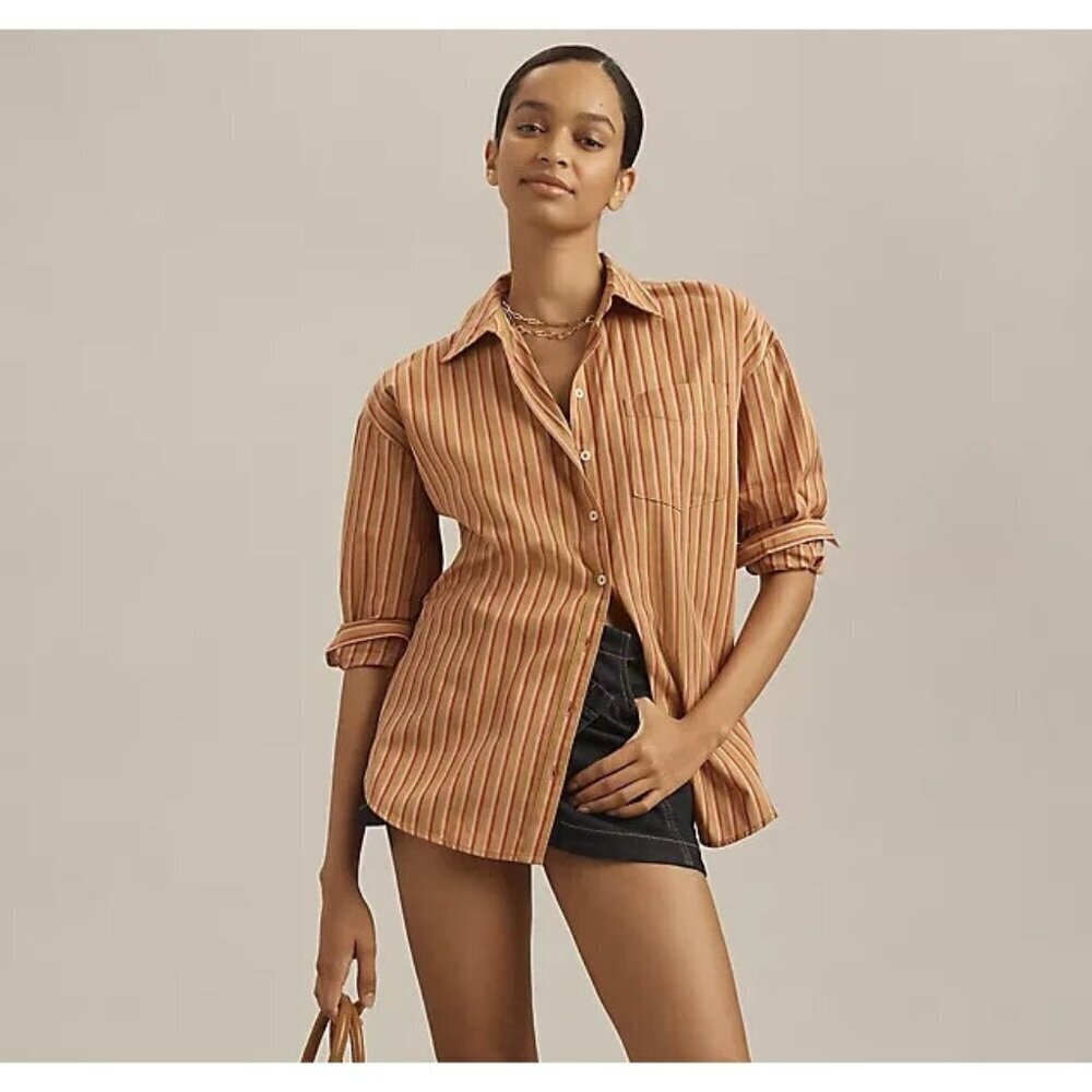 Anthropologie Maeve The Bennet Button down Shirt Cotton Brown Striped M
